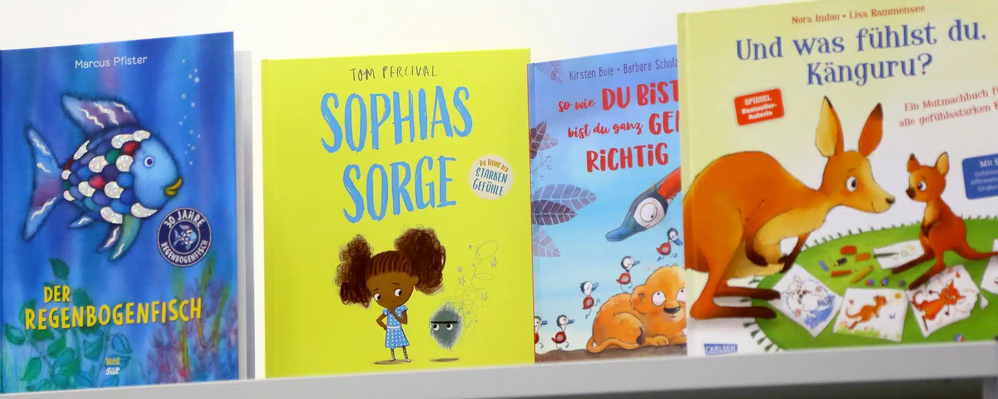 Kinderbücher zum Thema Sorgen und Ängste stehe in einem Regal.