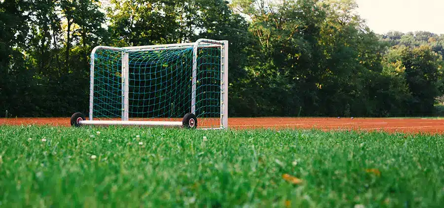 Sportplatz der Grundschule Zeitlarn mit Wiese und Fußballtor.
